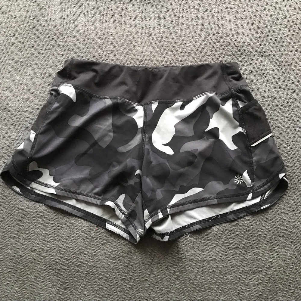Athleta Black Gray Running Shorts Side Pockets Back Zip Pocket Underwear Small